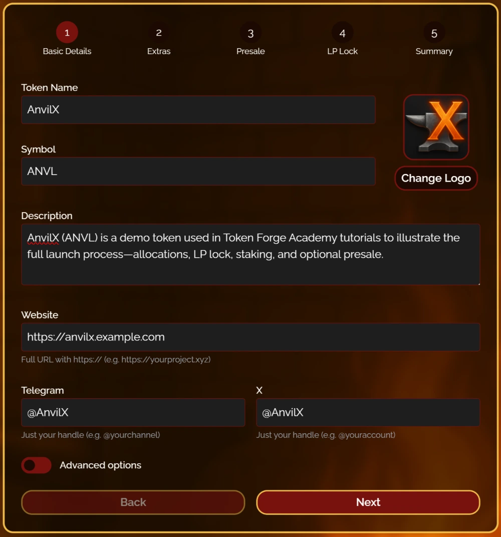 Token Creation Wizard Step 1