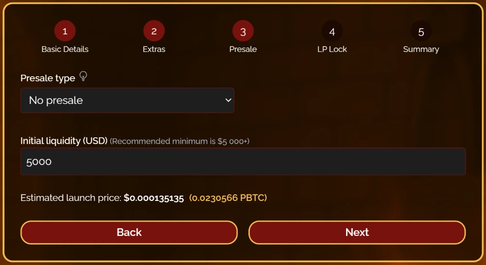 Token Creation Wizard Step 3 no presale