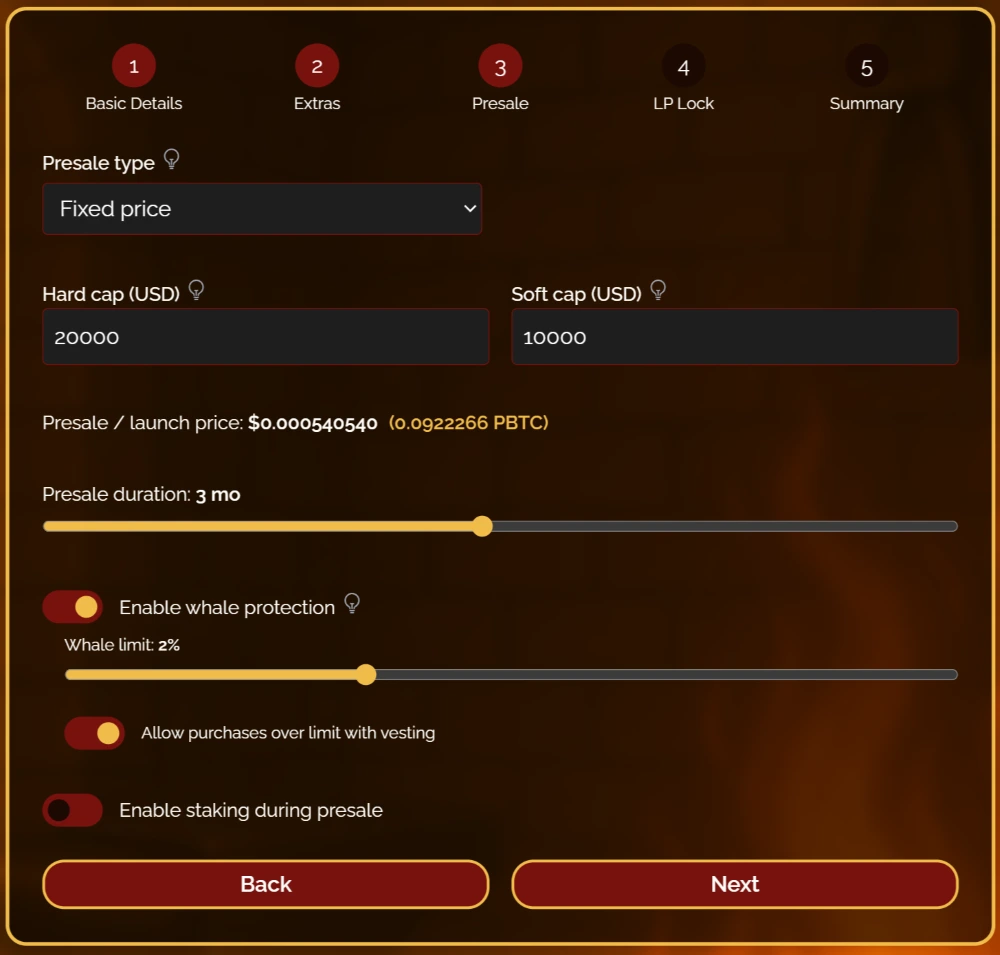 Token Creation Wizard Step 3 fixed price presale